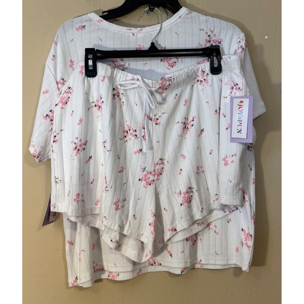 Joyspun Pajama Set Women XL White Pink Floral Ribbed‎ Shirt & Shorts Lounge NEW